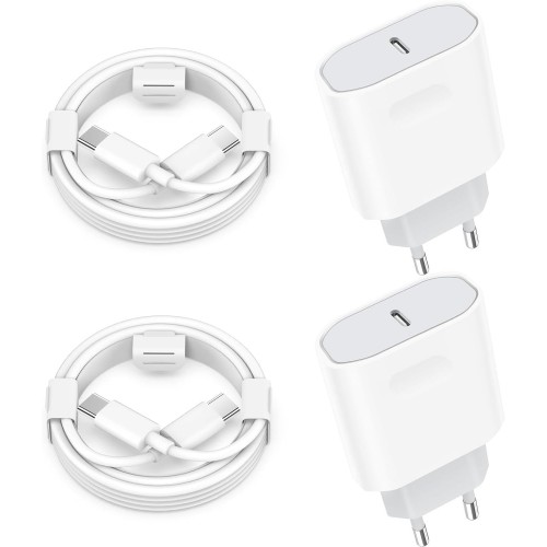Chargeur Rapide Lot de 2 Chargeur Rapide 25W USB C avec Câbles de 2 Mètres Compatible avec iPhone 16/16 Pro max/15/15 Pro Max Plus, iPad Air, Samsung Galaxy S25/S24/A53/Note 20, Prise Secteur, Adaptateur USB-C